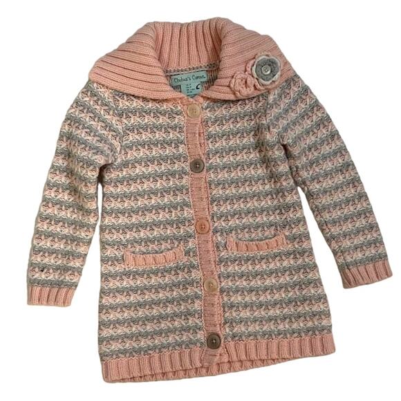 Chelsea's Corner Thick Knit Sweater/Cardigan‎ Pink & Gray Floral Accent Size 2T - Picture 1 of 11